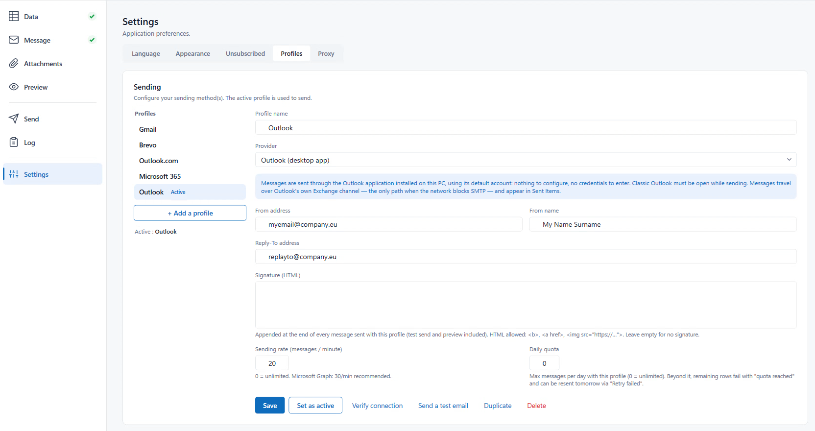 Réglages : profils d'envoi Microsoft 365, SMTP, Brevo et Outlook.